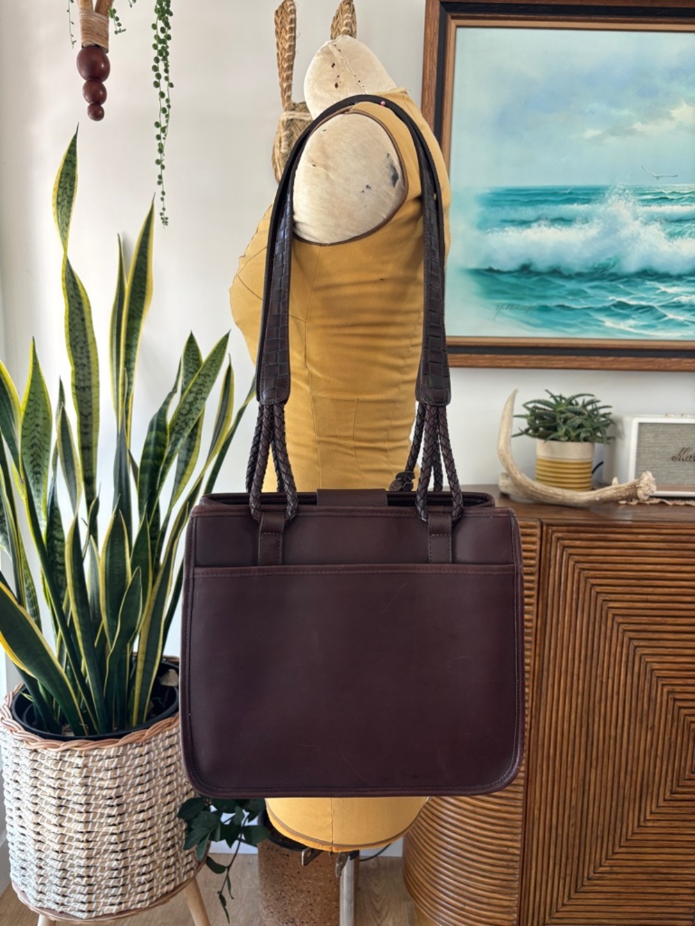 Dark Brown Brighton Woven Leather Tote Bag with Braided Handles & Heart Charm - Picture 6 of 15